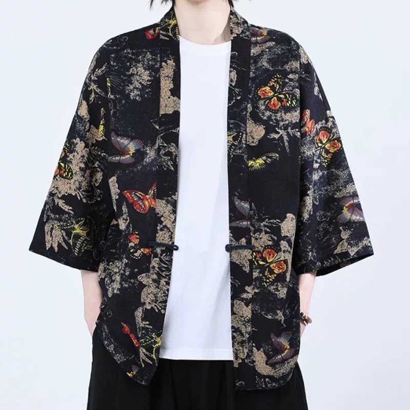 中国风时尚夏薄棉麻披风开衫汉服道袍男和服七分袖宽松防晒服风衣
