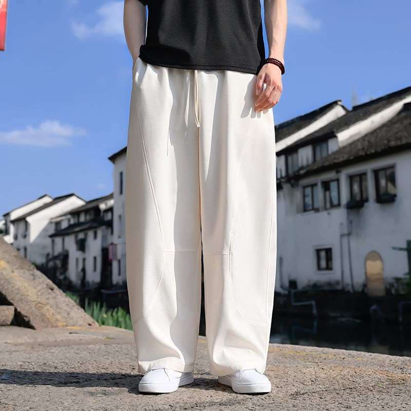 中国风唐装亚麻裤子男休闲宽松大码阔腿哈伦裤灯笼裤棉麻萝卜长裤