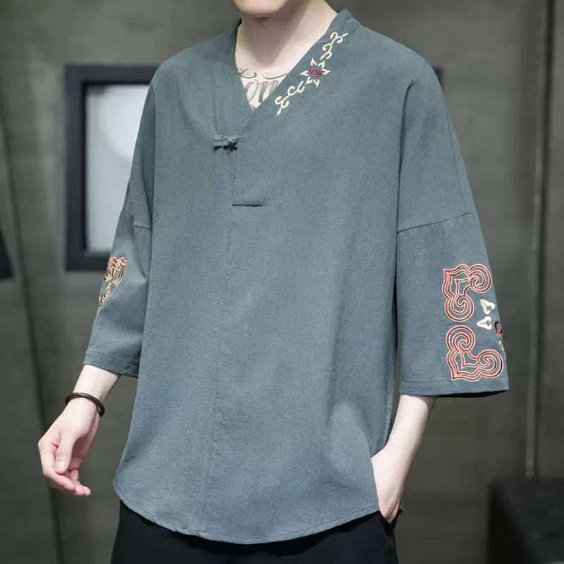 唐装短袖男夏薄款青年中国风复古七分袖半截袖T恤中式古风刺绣V领