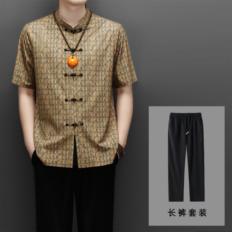 夏季棉麻中老年短袖唐装男中国风爸爸汉服休闲套装桑蚕丝印花汉服