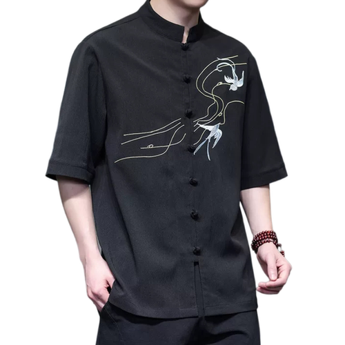 胖子加大吗中国风立领短袖刺绣衬衫男夏季新中式复古唐装中山衬衣