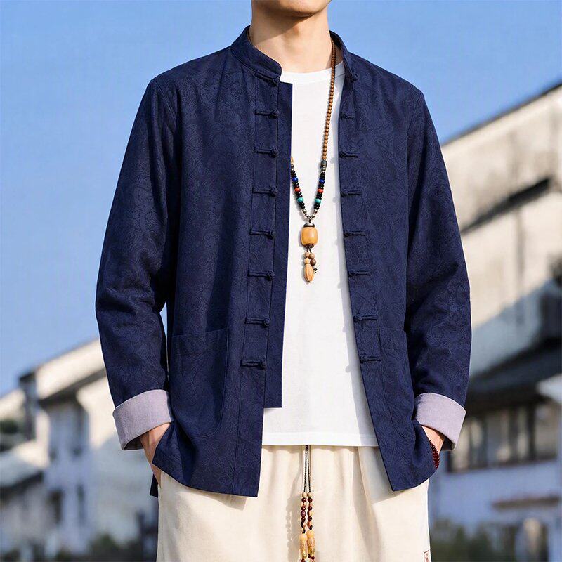 新中式唐装男中国风春秋季提花长袖衬衫复古盘扣汉服大码衬衣外套