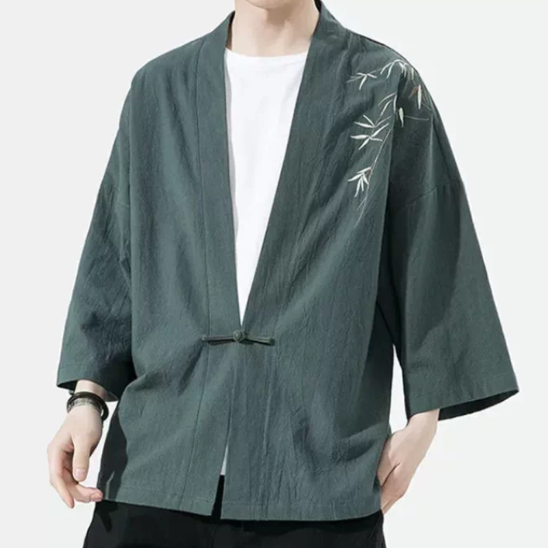 中古风绣中式开衫外套男七分袖改良汉服宽松棉麻居士披风道袍和服