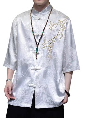 丝短袖男士夏季中国风立领衬衫刺绣唐装大码中年冰丝复古汉服上衣