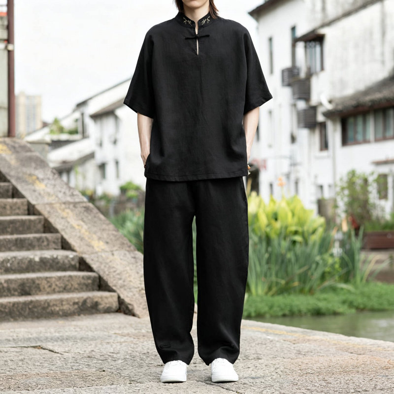 国风棉麻道袍居士短袖套装男夏亚麻宽松汉服古装太极禅意服两件套
