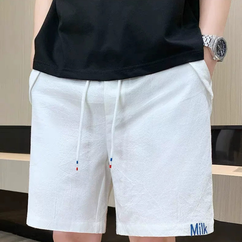 夏季透气宽松居家中裤外穿休闲短裤男士五分裤棉麻刺绣纯棉沙滩裤