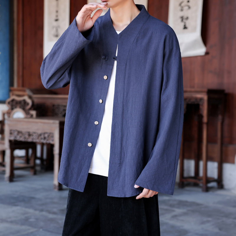 明制汉服男装V领衬衫中国风春秋季中式夹克外套大码复古唐装宽松