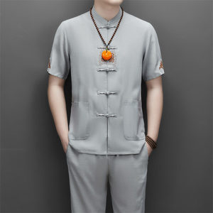唐装男冰丝短袖套装夏季立领中国风刺绣中老年衬衣爸爸装汉服