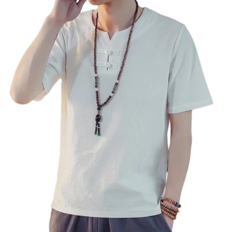 国风棉麻男短袖T恤夏宽松盘扣汉服唐装亚麻居仕体恤古风禅服茶服
