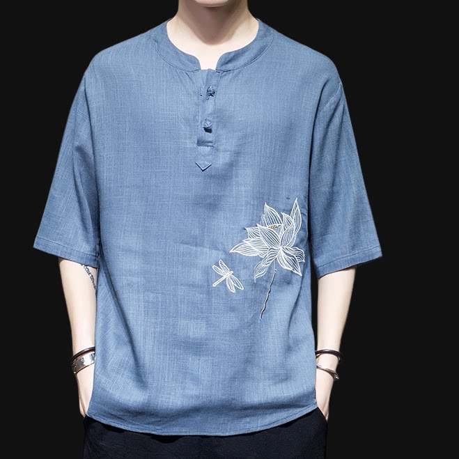 中国风亚麻立领t恤2026新款夏季男士棉麻短袖宽松大码休闲上衣