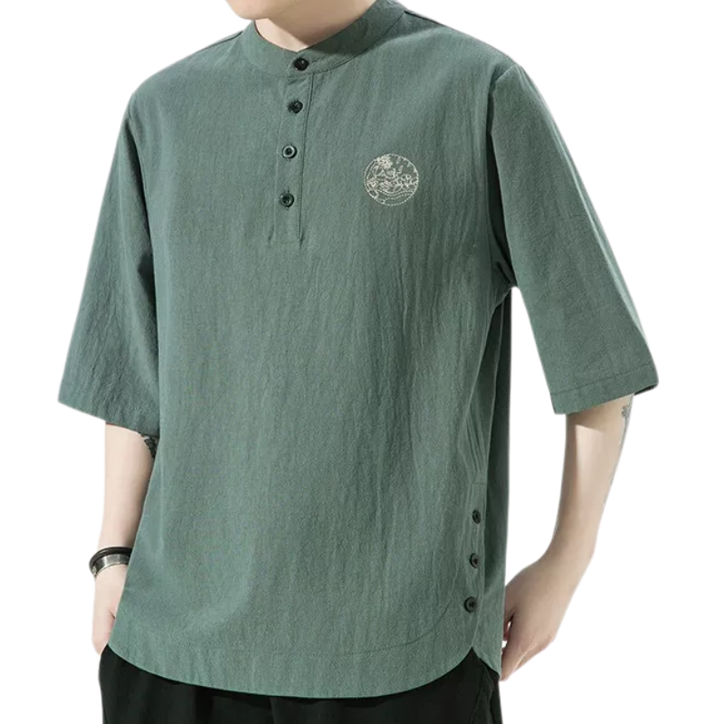 亚麻短袖t恤男夏薄款棉麻5五分袖上衣服改良汉服唐装中国古风套装