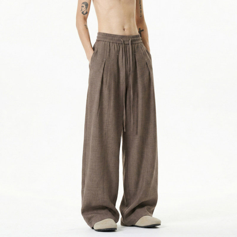 日系慵懒风垂坠感阔腿裤男夏季松紧宽松直筒显瘦长裤薄款休闲裤潮