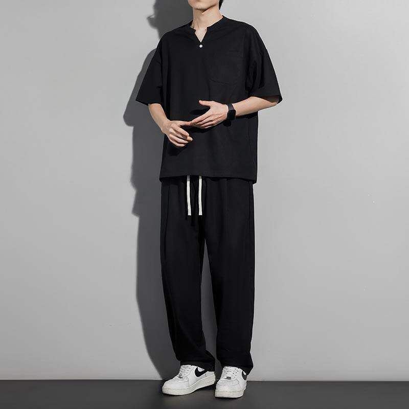 夏季冰丝套装男超薄短袖棉麻套装大码宽松T恤运动装t恤速干运动服