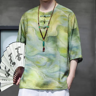 新中式短袖衬衫印花纯棉国风t恤男时尚休闲潮流唐装汉服上衣