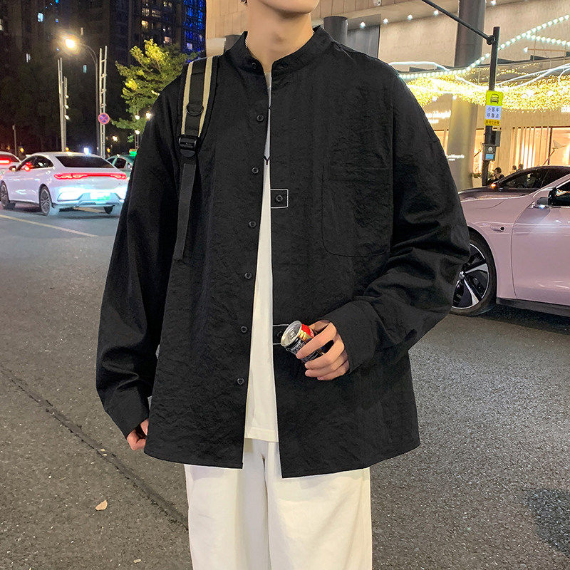 男款宽松休闲长袖青少年外套新中西立领衬衫仿棉麻褶皱宽松外套潮