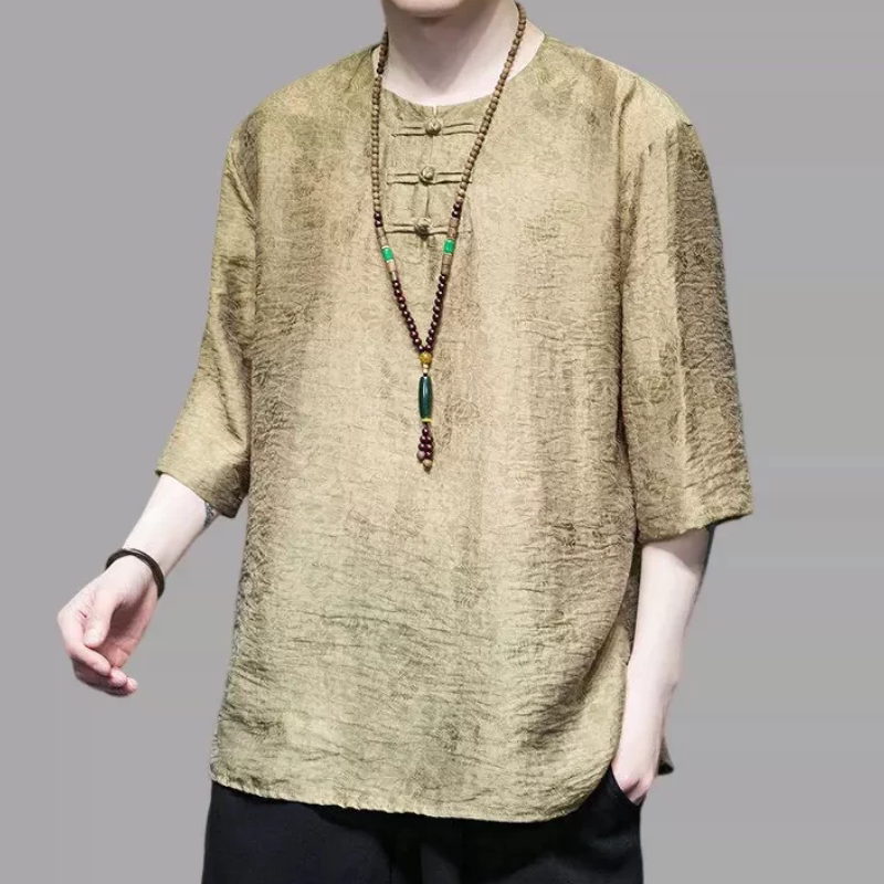 复古七分袖t恤衬衫男短袖夏季新中式盘扣提花上衣中国风唐装汉服