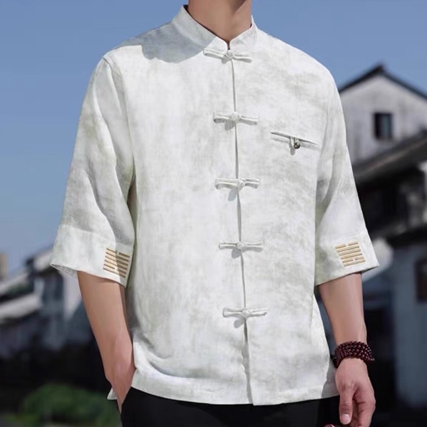 中国风立领盘扣唐装衬衫新中式刺绣铜扣复古风短袖夏季薄款透气五