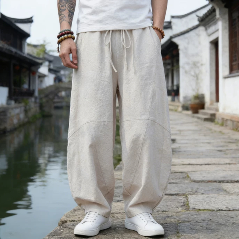 中国风亚麻男裤子春夏薄款宽松大码休闲长裤新中式阔腿棉麻弯刀裤