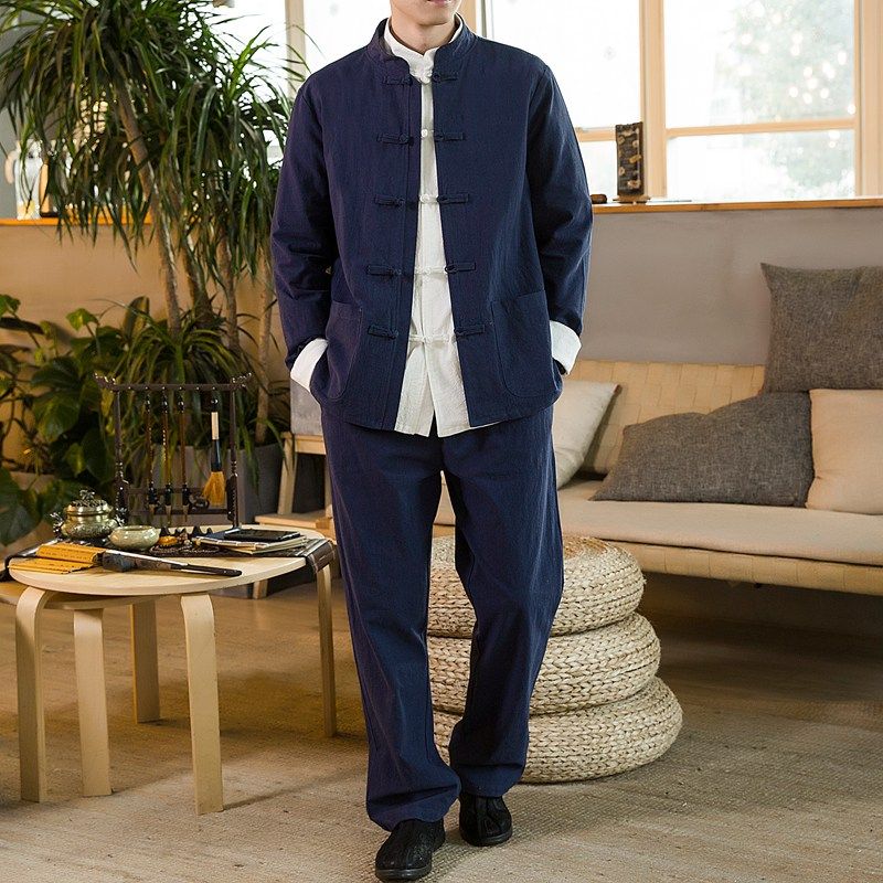 春秋棉麻中式盘扣国风唐装两件套长袖禅修居士汉服男女太极服茶服