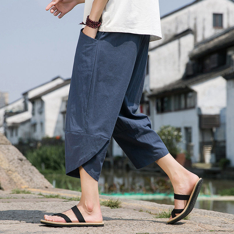 中国风大码七分休闲裤男士夏季薄款宽松灯笼裤阔腿帅气纯棉短裤子