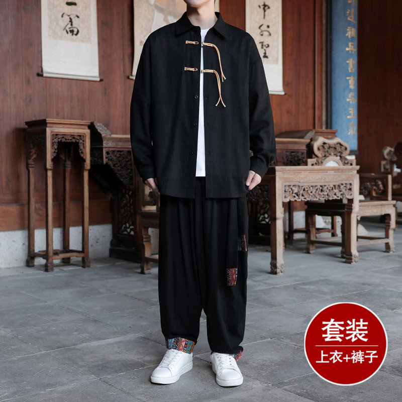 中国风男青年唐装上衣复古中山装盘扣棉麻衬衫禅服演出服套装夹克
