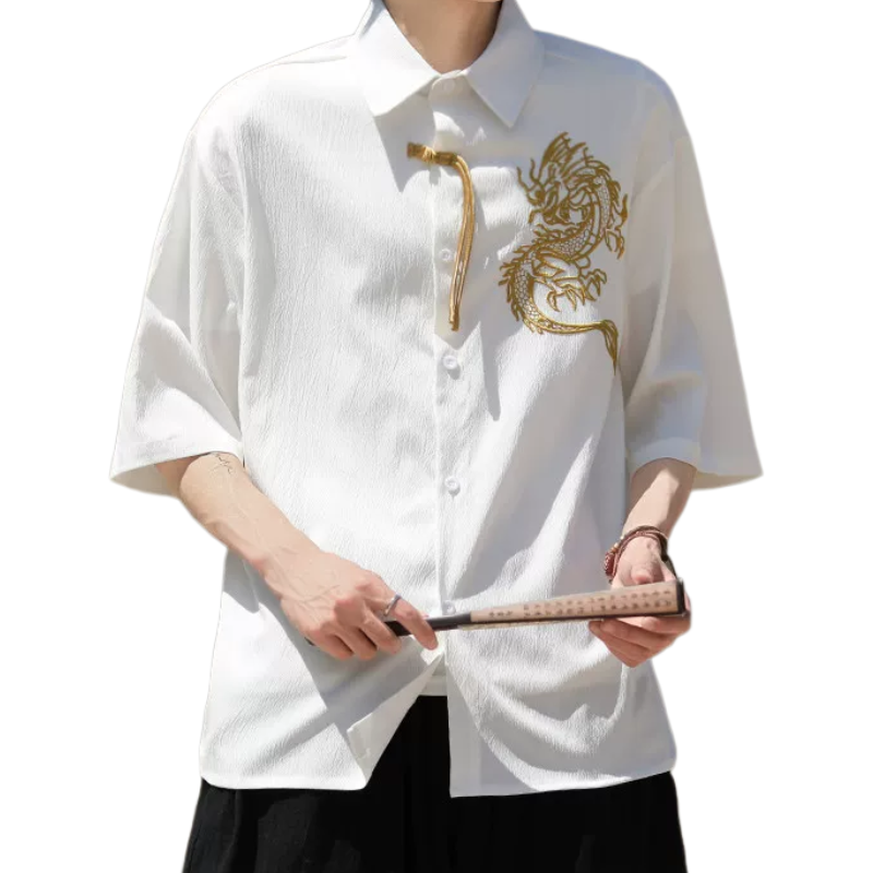 龙刺绣防皱冰丝夏中国风短袖衬衫男士中式唐装古装古风汉服复古