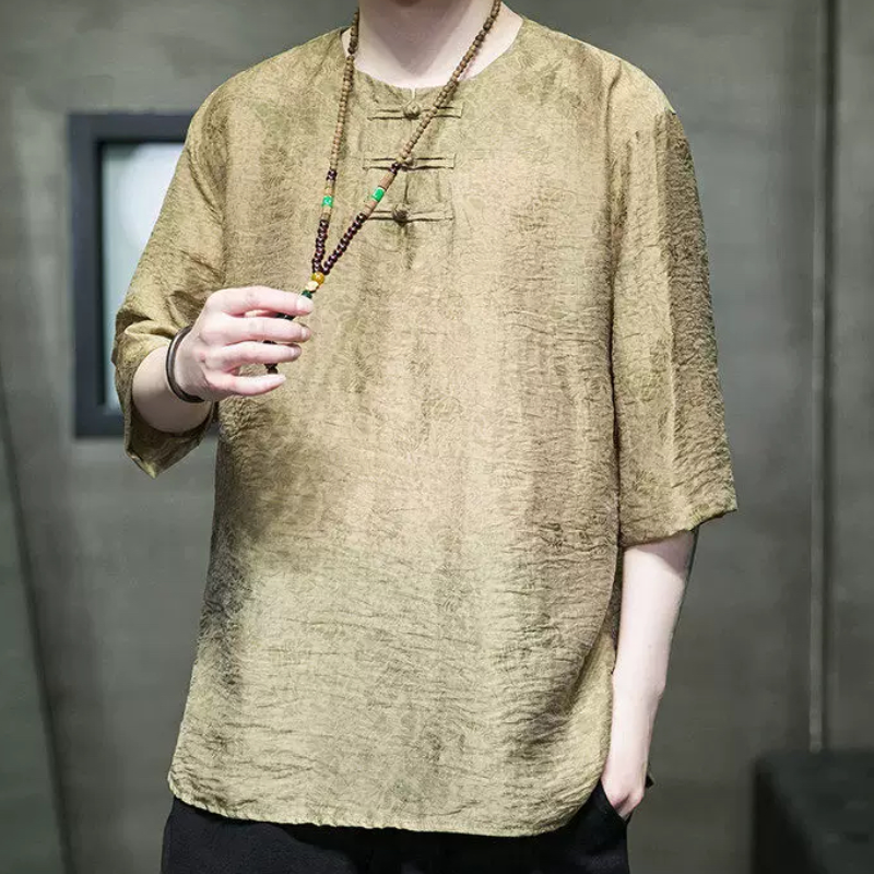 夏季新款透气舒适时尚大码中国风男装印花唐装汉服5五分袖短袖T恤