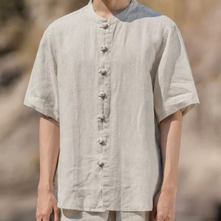 老钱风高级感V领纯亚麻短袖衬衫男夏季宽松五分袖新中式棉麻衬衣