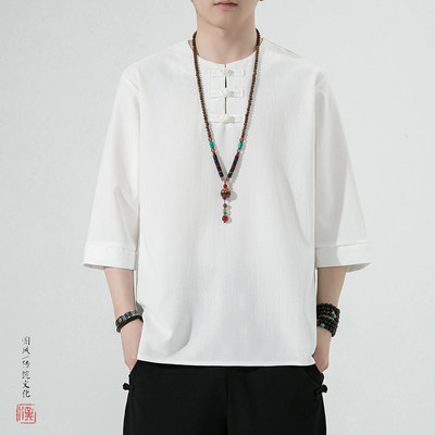 新款6色中国风夏2026仿麻休闲透气宽松大码冰丝盘扣 男 汉服短袖