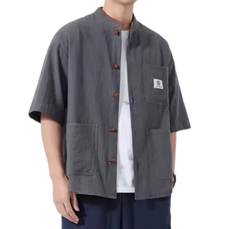日系纯色中国风男短袖衬衫麻衬衣立领唐装外套居士服套装做旧立领