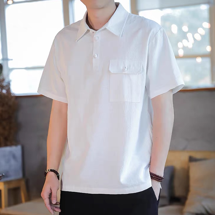 中式夏季透气休闲中国风衬衫领短袖提花棉麻T恤男盘扣复古小衫