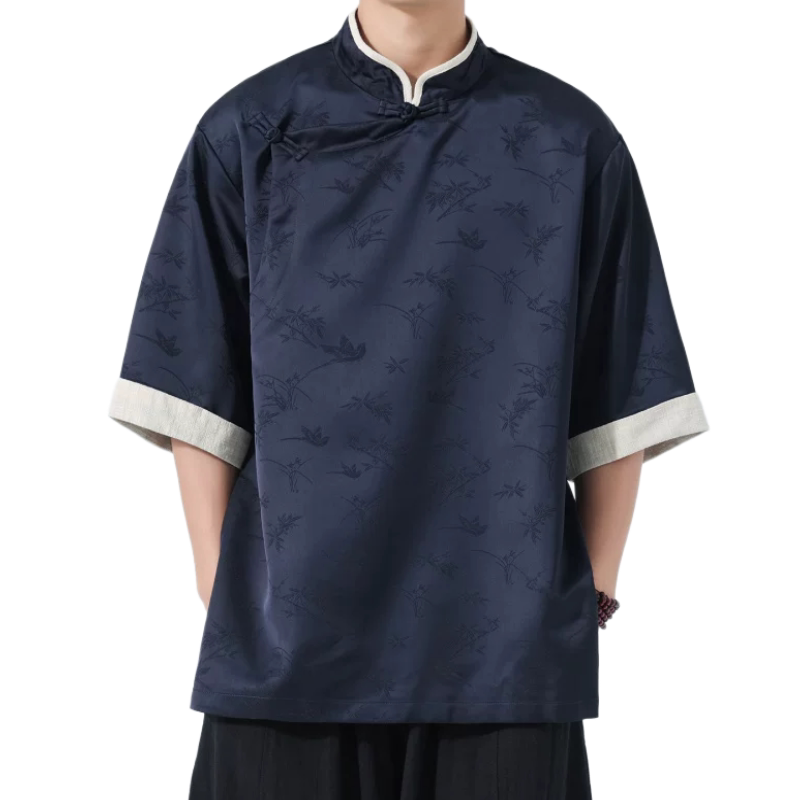 加大码日系宫廷中国风男夏季薄款短袖衬衫复古唐装立领汉服新中式