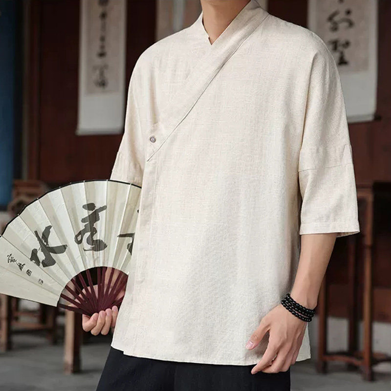 新中式改良汉服道袍男交领短衫男女大码复古短袖右衽传统禅茶服