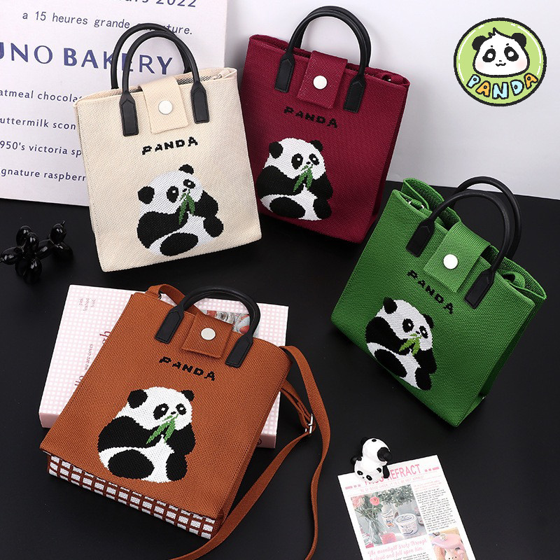 成都熊猫包包针织包 吃竹叶捂脸可爱花花橡胶手柄斜背斜挎手拎包