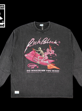 骷髅天使印花水洗做旧黑Oversize长袖T恤