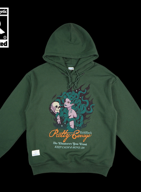 蛇发美杜莎少女印花宽松版型加绒墨绿连帽卫衣