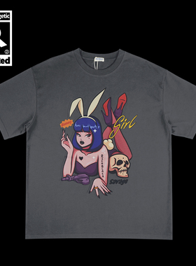 复古兔女郎卡通印花宽松版型圆领深灰色短袖重磅T恤230G