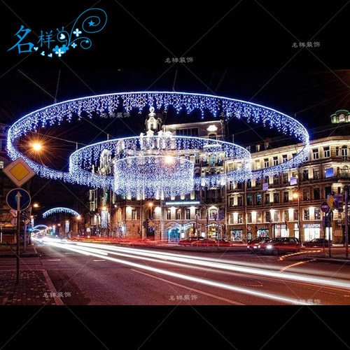 名样美陈户外圣诞节日步行街道广场亮化空中吊挂铁艺圆圈中庭灯饰