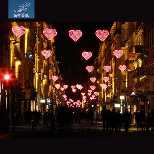 名样美陈户外情人节商场步行街发光爱心空中吊挂灯饰布置工厂直销