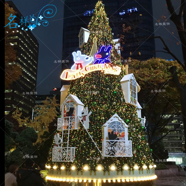 名样美陈室外圣诞节日装饰大型lED卡通绿色圣诞树屋子铁艺4-25米
