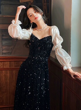 2025新款黑色年会晚礼服裙轻奢气质晚宴礼服高级质感艺考连衣裙女