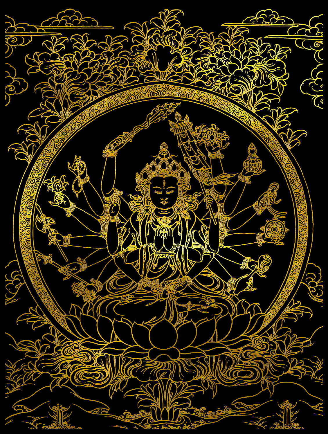 准提佛母描金唐卡|静心减压|佛像涂色线稿|diy手绘填色装饰画