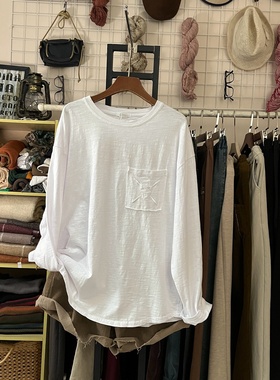 圆领竹节棉长袖t恤女宽松复古刺绣白色上衣黑色打底衫纯棉内搭T恤