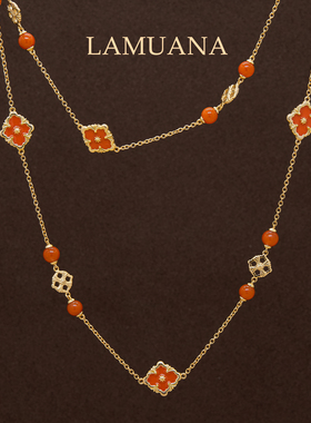 LAMUANA【轻奢彩宝】南红玛瑙珐琅彩四叶草项链S925轻奢项链95284