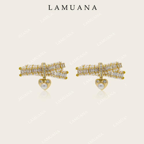 LAMUANA巴黎甜心蝴蝶结珍珠马眼钻复古夸张耳钉耳饰礼物15777