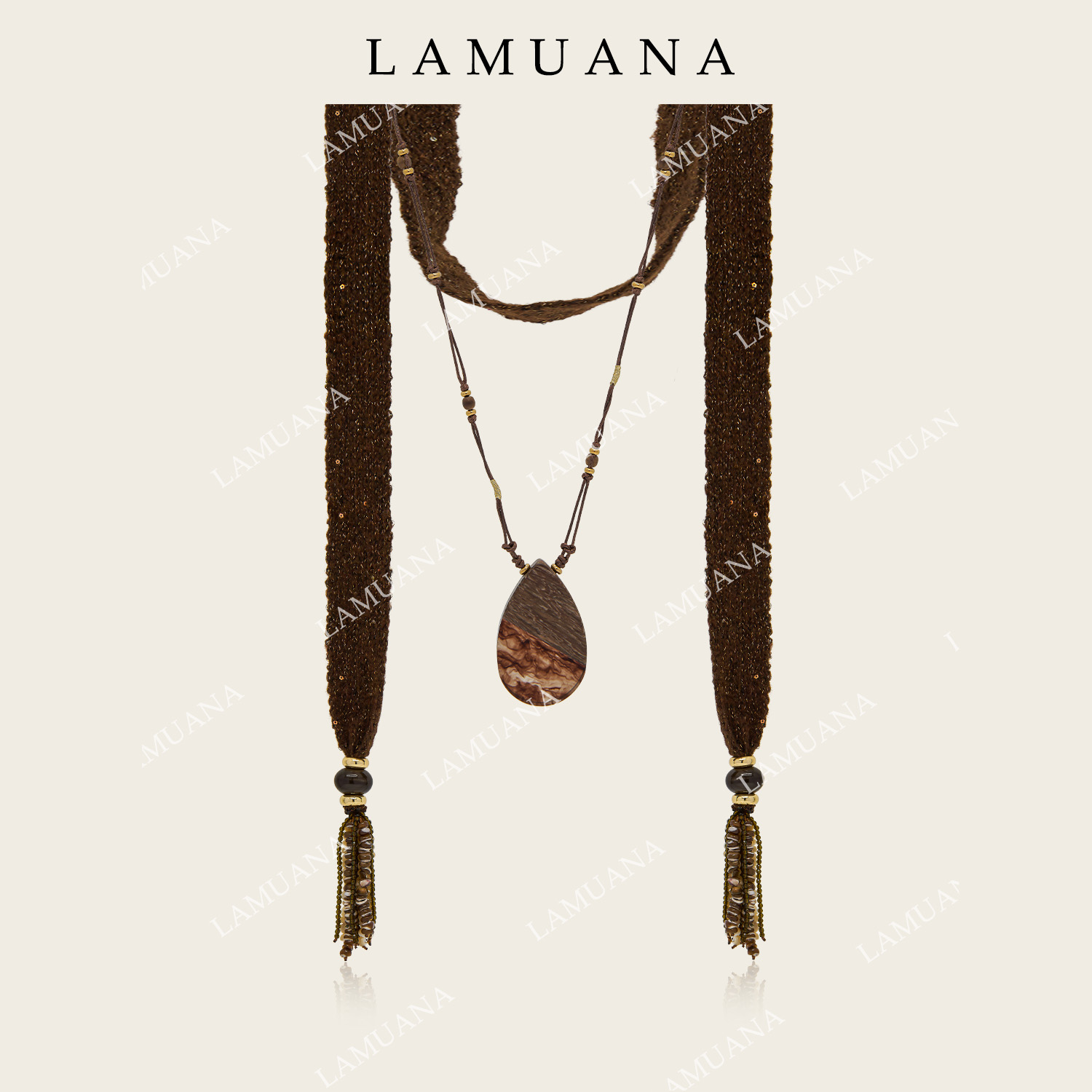 LAMUANA秋日焦糖围巾项链复古设计感多层咖色编织细条氛围感围脖