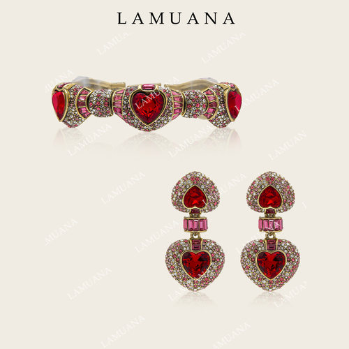 LAMUANA红桃爱丽丝·红心粉白钻复古小众vintage风格手链耳环套装