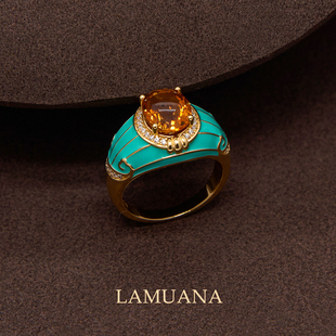 LAMUANA【轻奢彩宝】孔雀羽毛系列天然黄水晶珐琅彩戒指S925银