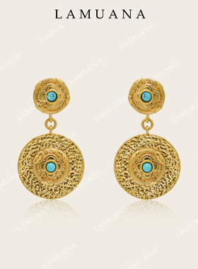 LAMUANA守护之手系列蓝石金色圆盘耳钉小众设计感复古度假感80945