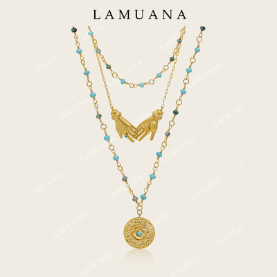 LAMUANA守护之手金色串珠叠戴天然石项链小众设计感多层叠戴颈链
